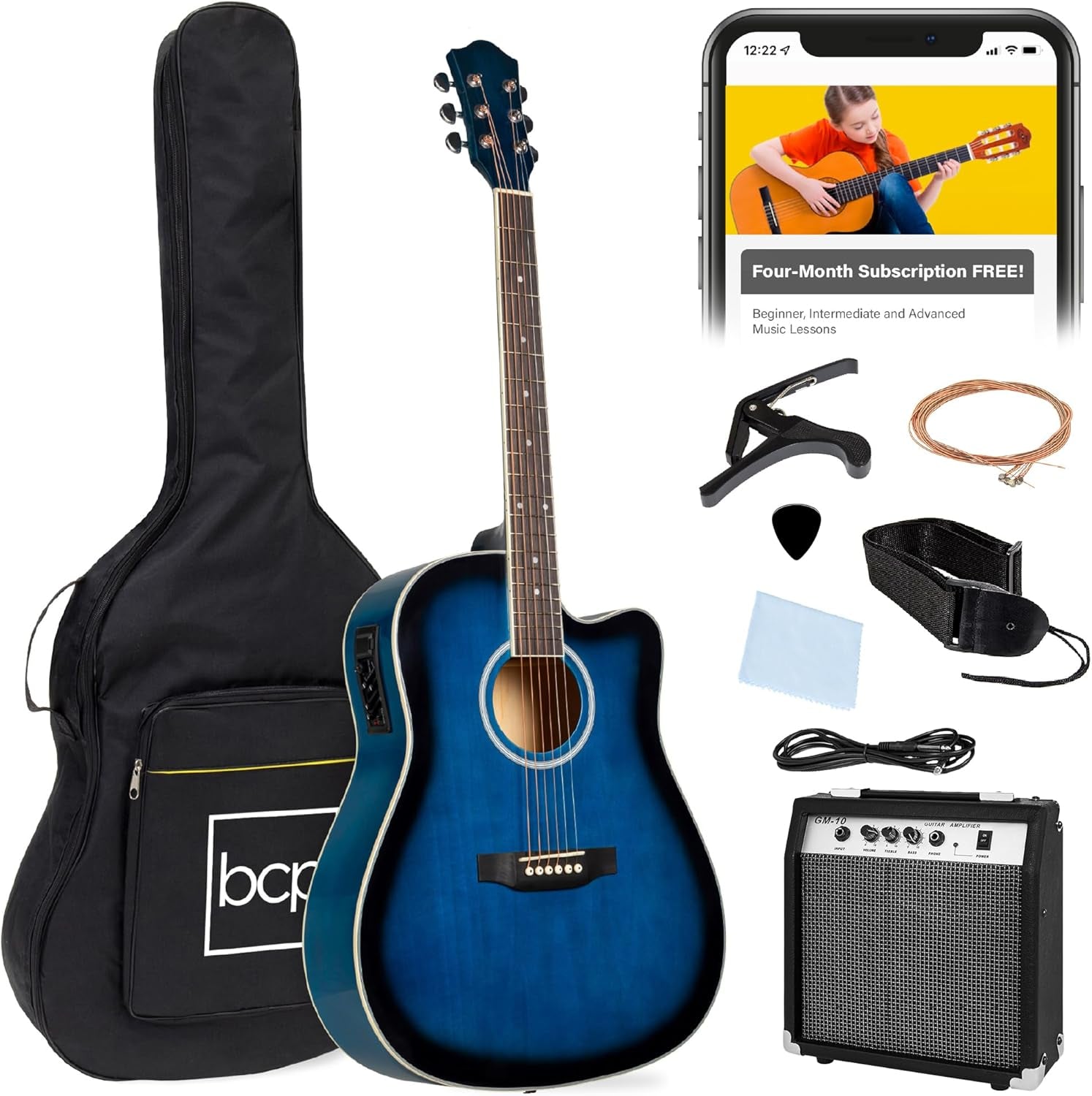 Beginner Acoustic Electric Guitar Starter Set W/ 41In, All Wood Cutaway Design, Case, Strap, Picks - Black