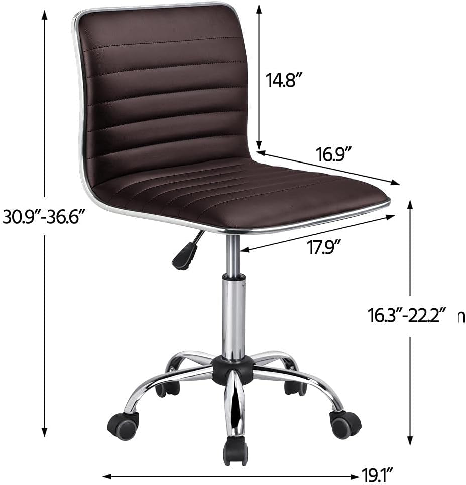 Executive Armless PU Leather Ergonomic Chair Office Task Low Back Swivel Chair W/Backrest Wheels for Study Office, Brown