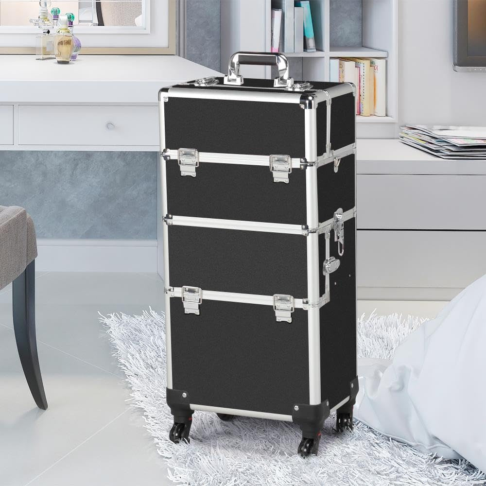 Rolling Makeup Train Case 3 in 1 Cosmetic Makeup Case Large Aluminum Trolley Makeup Travel Case Professional Rolling Cosmetic Beauty Storage, with 360° Swivel Wheels, Black