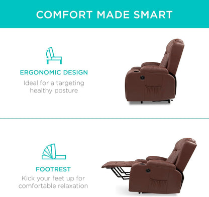 PU Leather Electric Power Lift Chair, Recliner Massage Chair, Adjustable Furniture for Back, Legs W/ 3 Positions, USB Port, Heat, Cupholders, Easy-To-Reach Side Button - Brown