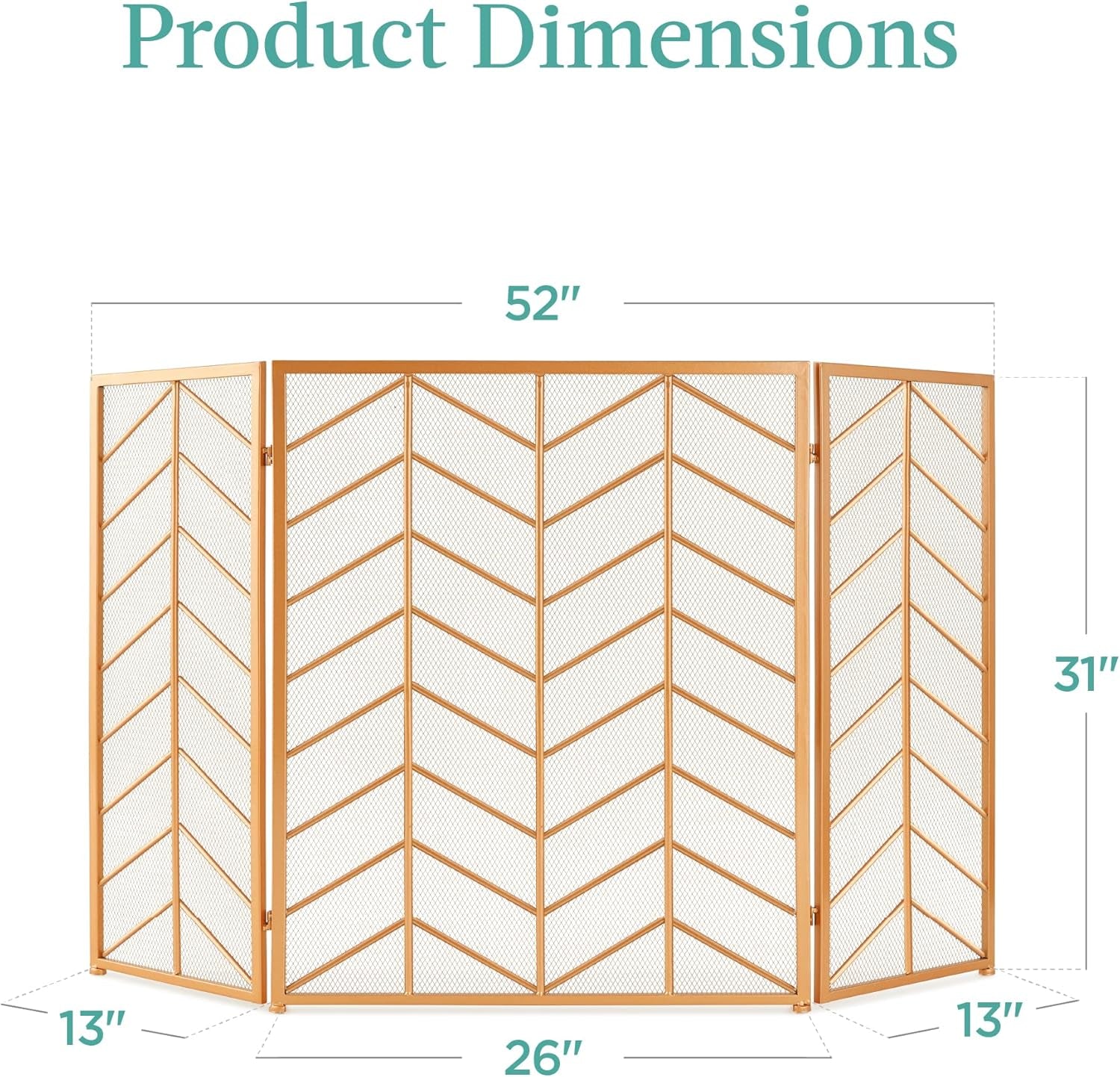 52X31In 3 Panel Chevron Fireplace Screen, Mid Century Modern Wrought Iron Hand Crafted Fire Place Guard for Living Room Home Decor, Steel Mesh - Gold