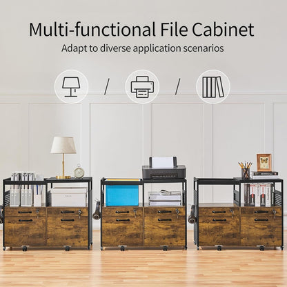 Lateral File Cabinet Mobile Filing Cabinets Printer Stand with Drawers, 2 Open Compartments&amp; Hooks, for Home Office, Rustic Brown