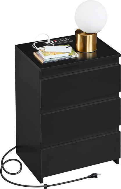 Nightstand with Drawer, 3 Drawers Bedside Table with Sturdy Base, Wood Bedside Cupboard Accent Table with Storage Space for Bedroom, Easy Assembly, Black