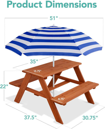 Kids Wooden Picnic Table, Outdoor Activity &amp; Dining Table W/Adjustable Collapsible Umbrella, Built-In Seats - Golden Brown/Navy