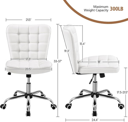 Armless Desk Chair Modern Tufted Office Chair Faux Leather Upholstered Computer Chair with Adjustable Seat Height and Rolling Wheels for Home/Office, White