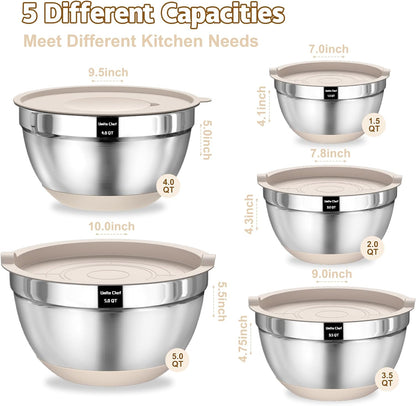 Mixing Bowls with Airtight Lids Set, 8PCS Stainless Steel Khaki Nesting Bowls with Grater Attachments, Kitchen Bowls with Non-Slip Bottoms, Size 5, 4, 3.5, 2, 1.5QT for Mixing &amp; Serving