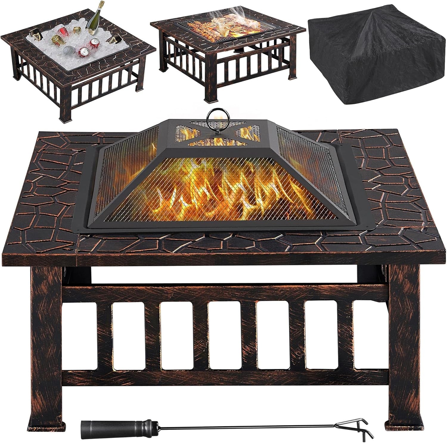 Multifunctional Fire Pit Table 32In Square Metal Firepit Stove Backyard Patio Garden Fireplace for Camping, Outdoor Heating, Bonfire and Picnic