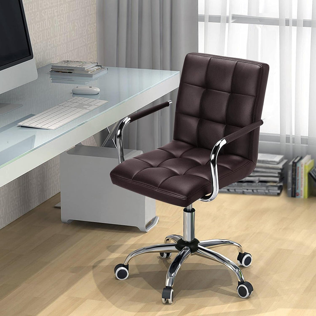 Executive Chair Mid Back Leather Chair with Adjustable Height and Rolling Wheels for Office/Home and Study, Brown