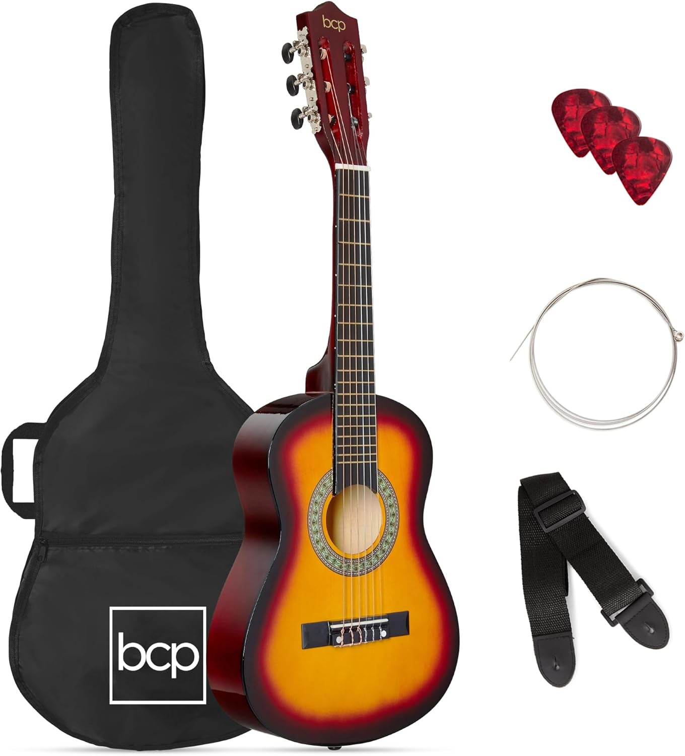 38In Beginner All Wood Acoustic Guitar Starter Kit W/Gig Bag, 6 Celluloid Picks, Nylon Strings, Capo, Cloth, Strap W/Pick Holder - Matte Black