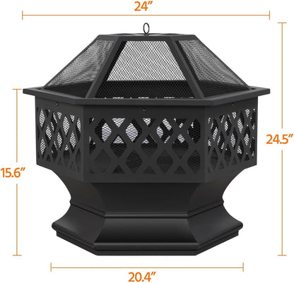 Fire Pit Fire Pits for outside 24In Hex Shaped Firepit Bowl with Spark Screen &amp; Poker for Patio Backyard Garden Picnic Bonfire Camping