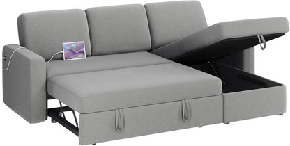 Sectional Sofa L-Shaped Sofa Couch Bed W/Chaise &amp; USB, Reversible Couch Sleeper W/Pull Out Bed &amp; Storage Space, 4-Seat Fabric Convertible Sofa, Pull Out Couch Light Gray