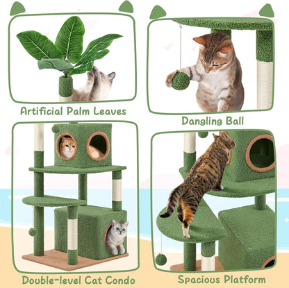 59In Palm Cat Tree, Cute Cat Tower W/Green Palm Frond, Spacious Platform, Double-Level Cat Condo, Scratching Posts, Fluffy Balls for Cat Kitty, Multi-Level Large Cat Tree for Indoor Cats