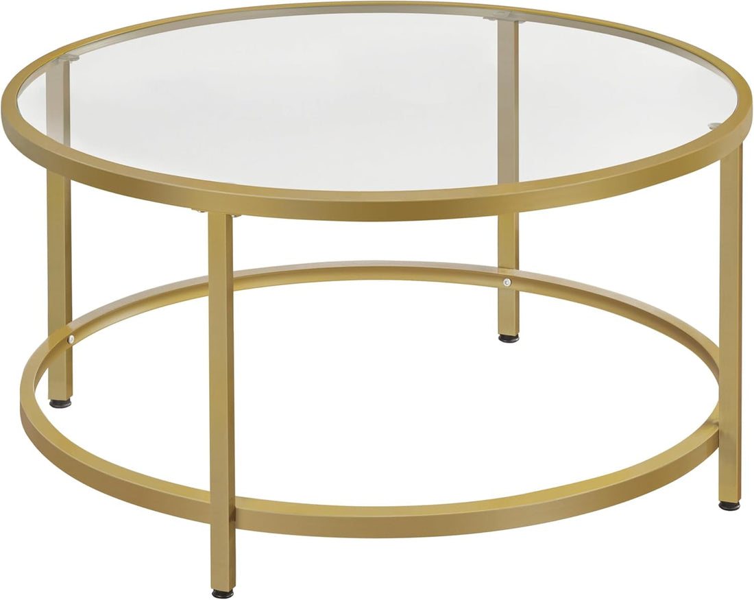 Gold Glass Coffee Table for Living Room, 36&quot; round Glass Coffee Table with Metal Frame, Circle Coffee Table for Home, Office, Apartment