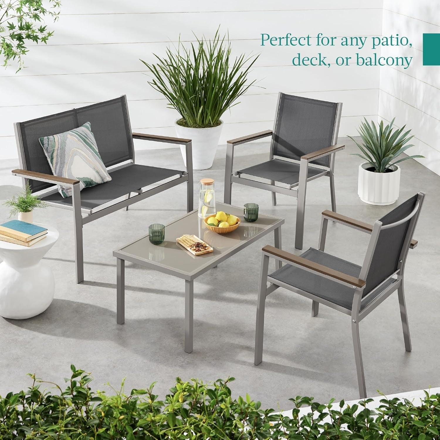 4-Piece Outdoor Textilene Patio Conversation Set, Backyard Furniture W/Loveseat, Coffee Table, Steel Frame - Taupe/Charcoal