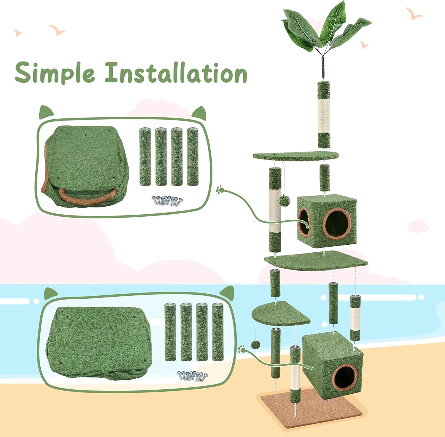 59In Palm Cat Tree, Cute Cat Tower W/Green Palm Frond, Spacious Platform, Double-Level Cat Condo, Scratching Posts, Fluffy Balls for Cat Kitty, Multi-Level Large Cat Tree for Indoor Cats