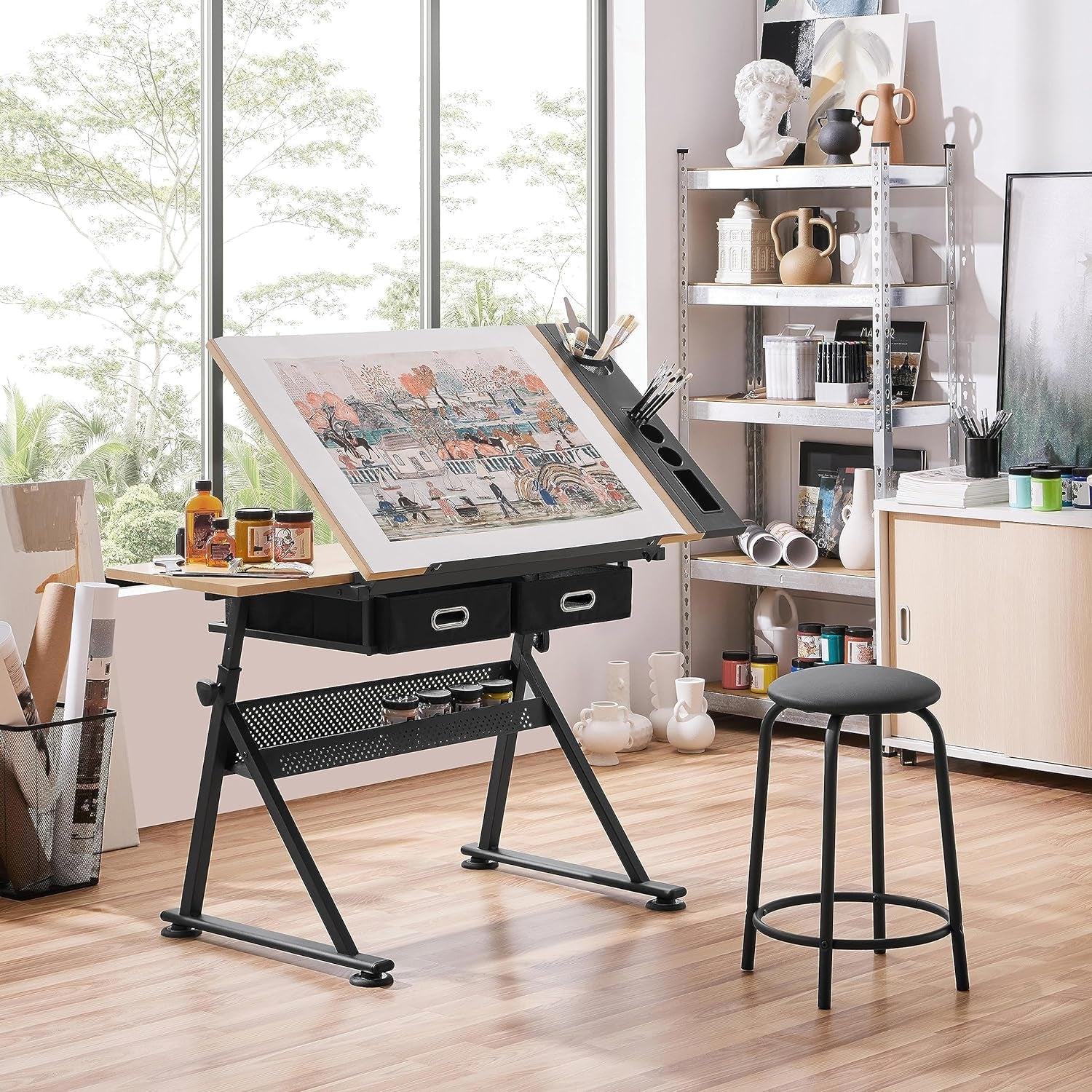 Height Adjustable Drafting Table Drawing Table Artist Desk Tilting Tabletop Art Craft Desk Watercolor Paintings Sketching Work Station W/2 Storage Drawers and Stool for Home Office