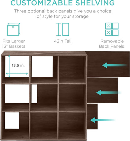 9-Cube Storage Organizer, 13.5In Shelf Opening, Bookcase, Display Shelf, Customizable W/ 3 Removable Back Panels – Walnut