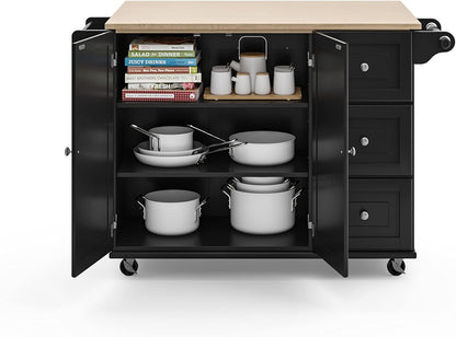 Dolly Madison Kitchen Cart with Wood Top and Drop Leaf Breakfast Bar, Rolling Mobile Kitchen Island with Storage and Towel Rack, 54 Inch Width, Black