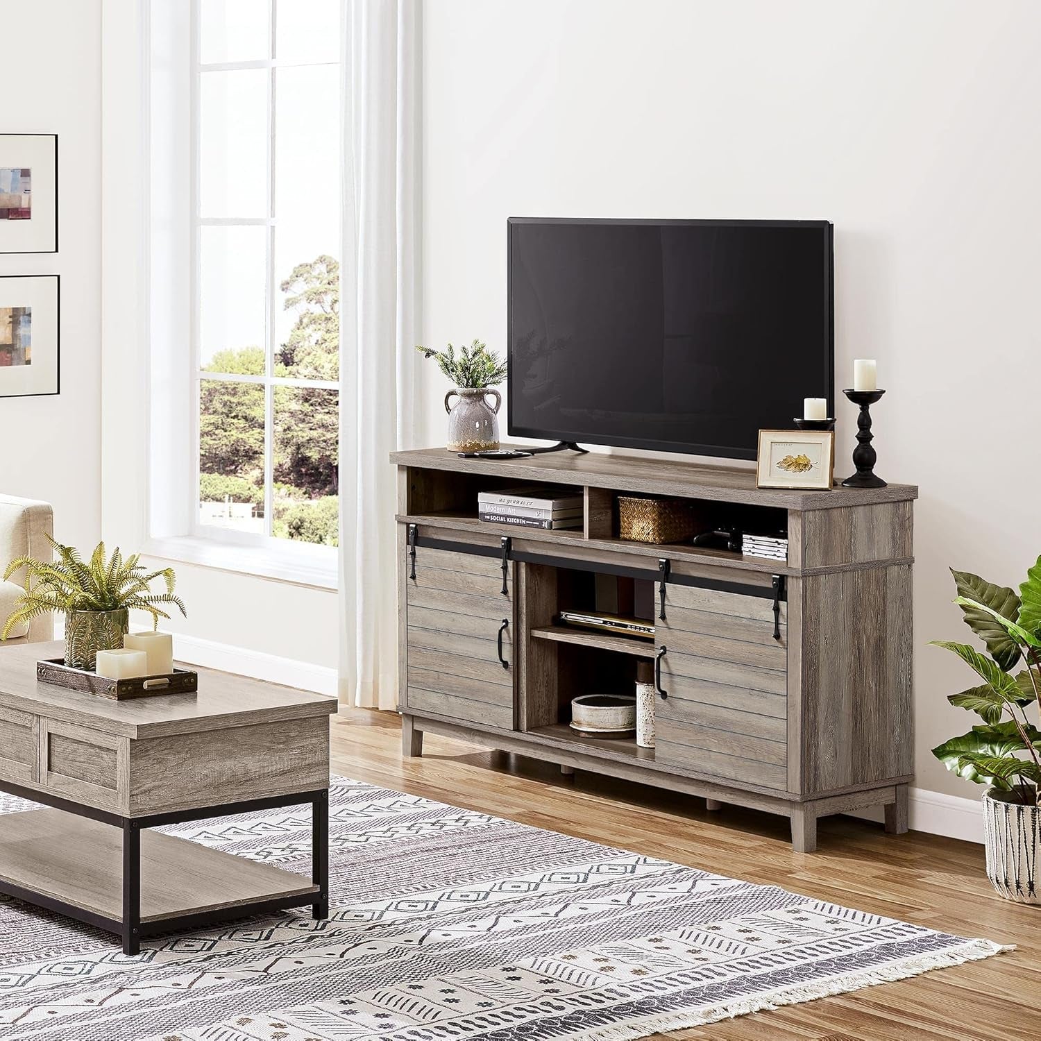 TV Stand with Sliding Barn Doors, Farmhouse TV Stand for Tvs up to 65 Inch, Mid Century Media Entertainment Center for Living Room, 32.5 in H, Gray