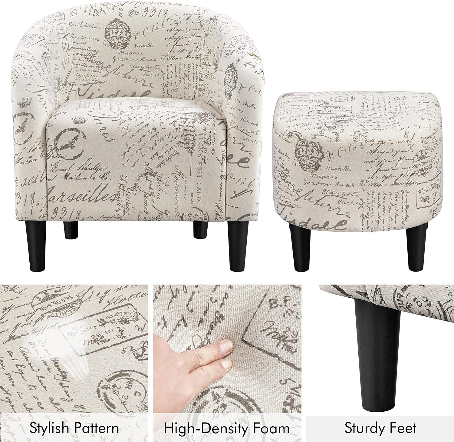 Modren Club Chair with Ottoman, Fabric Accent Armchair with Footstool, Upholstered Barrel Chair and Footrest for Living Room Bedroom Guestroom, Letter Print