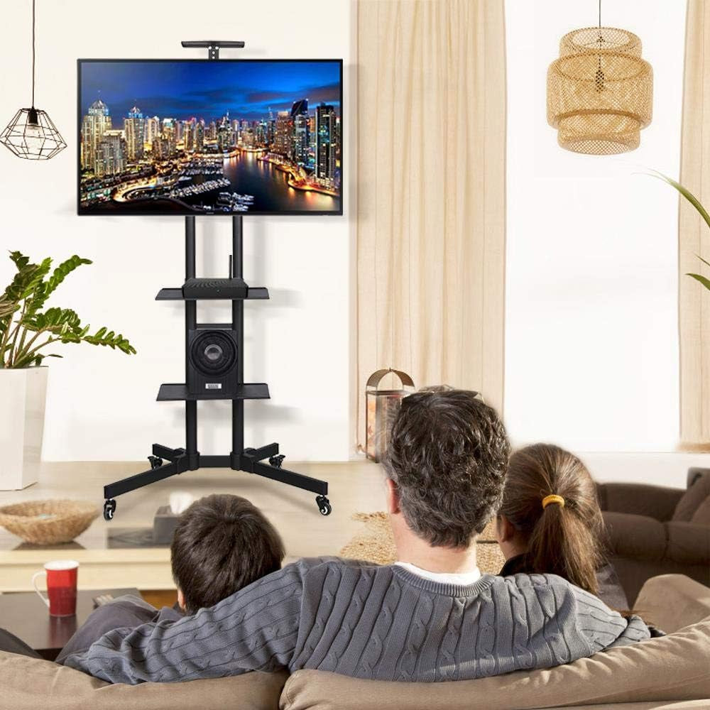 Mobile TV Stand, Adjustable Rolling TV Cart W/ Locking Wheels for 32-75&quot; LCD LED Plasma Flat Panel Screen TV up to 110LB, Portable TV Cart Stand W/ Flexible Laptop Shelf, Max. VESA 600X400