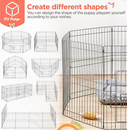 24&quot; High 8 Panel Foldable Metal Dog Exercise Pen Pet Playpen Dog Fence Outdoor &amp; Indoor Use for Small Animals with Door Black