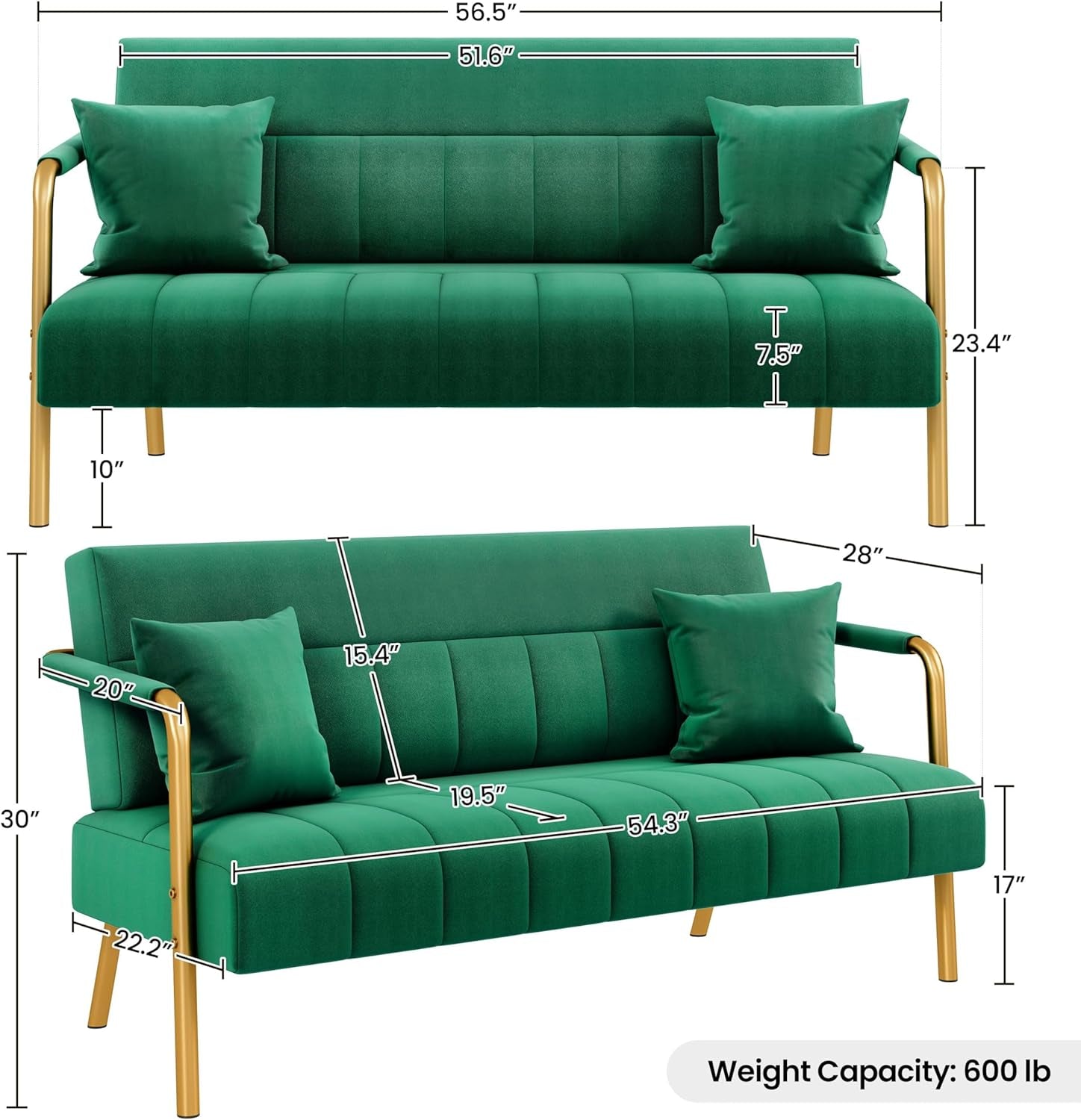 56.5&quot; W Modern Sofa Small Sofa Luxurious Velvet Fabric Couch with Gold-Tone Metal Arms and Legs for Living Room, Home Office, Studio Green