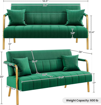 56.5&quot; W Modern Sofa Small Sofa Luxurious Velvet Fabric Couch with Gold-Tone Metal Arms and Legs for Living Room, Home Office, Studio Green