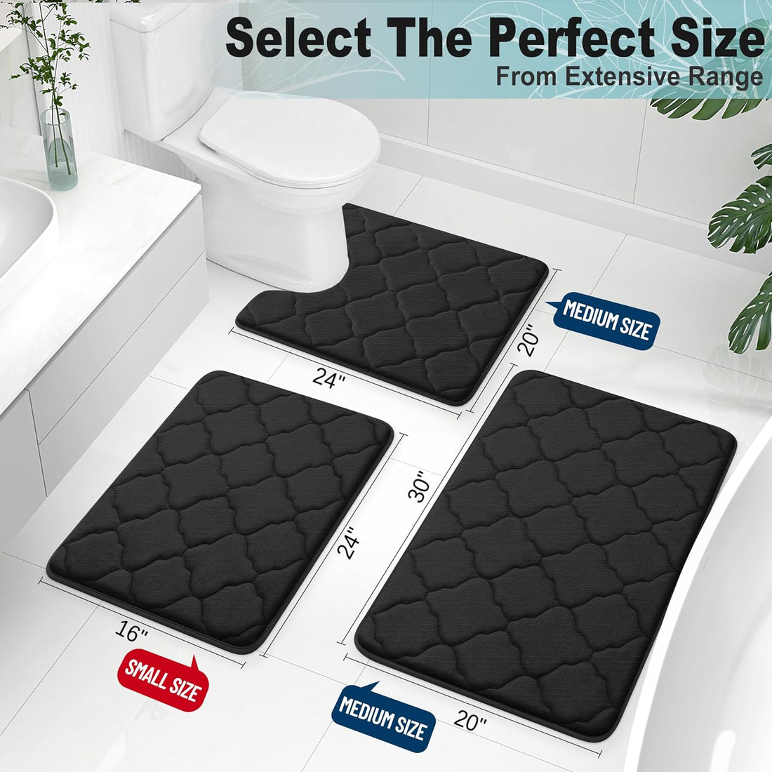 Memory Foam Bath Mat Rug 24X16, Soft and Absorbent Bathroom Rugs, Non-Slip, Comfortable, Machine Washable Bath Carpet for Bathroom Floor, Tub, Shower and Home Decor Accessories, Black