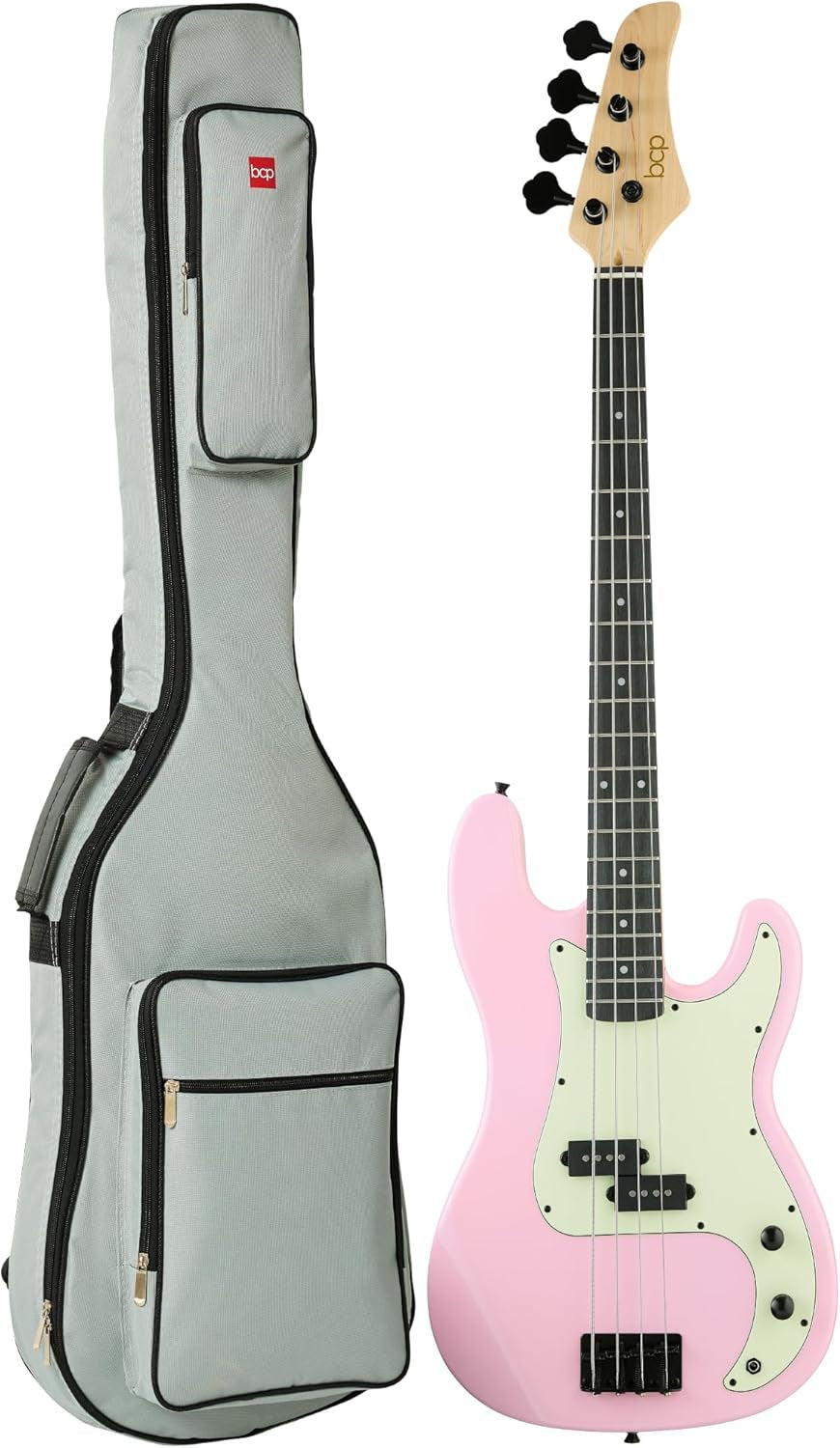 Full Size Beginner 4-String Electric Bass Guitar, Wooden Pb-Style Bass Starter Set W/Padded Carrying Case - Pink/Mint