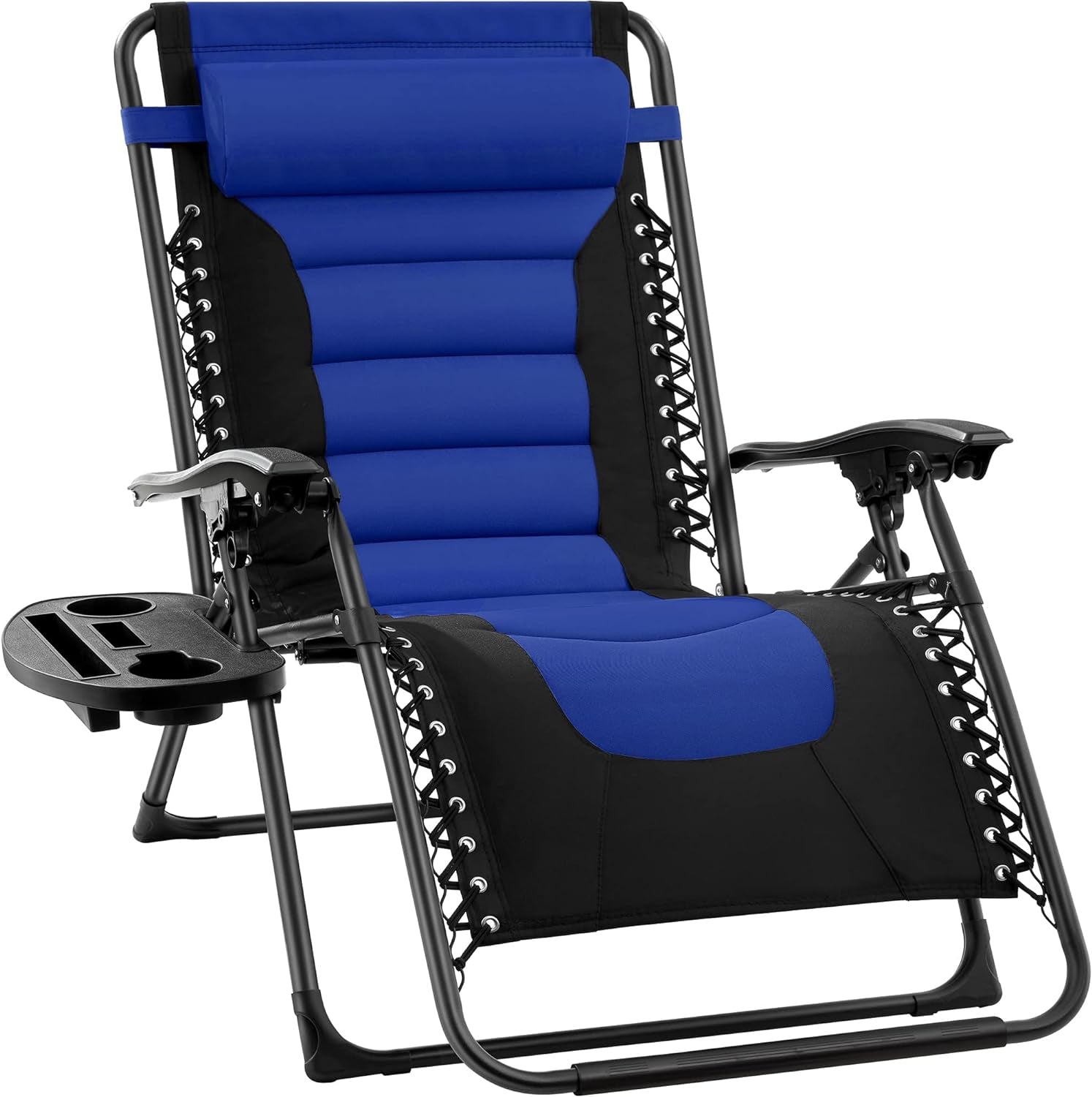 Oversized Padded Zero Gravity Chair, Folding Outdoor Patio Recliner, XL anti Gravity Lounger for Backyard W/Headrest, Cup Holder, Side Tray, Polyester Mesh - Black/Gray