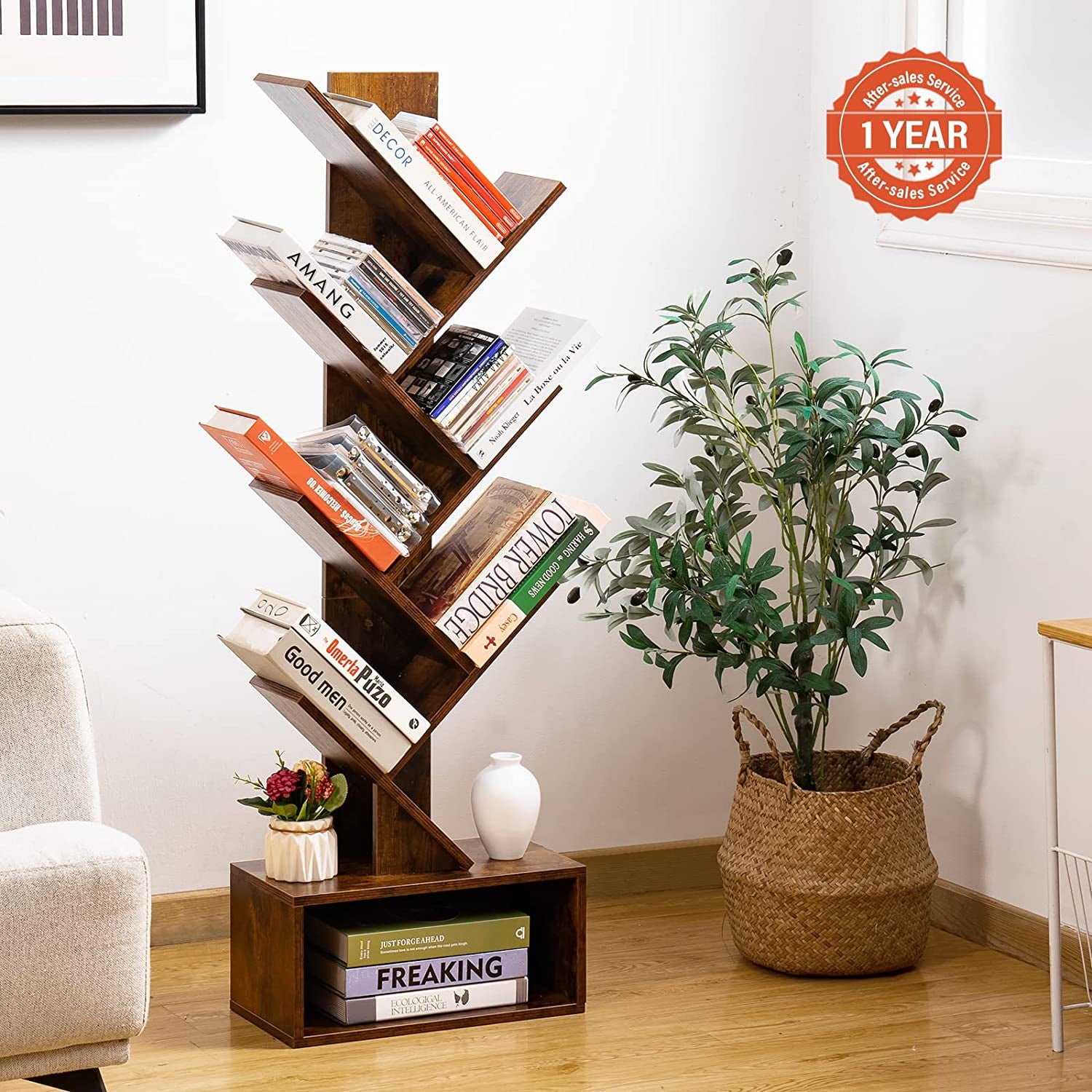 Tree Bookshelf - 6 Shelf Retro Floor Standing Bookcase, Tall Wood Book Storage Rack for Cds/Movies/Books, Utility Book Organizer Shelves for Bedroom, Living Room, Home Office