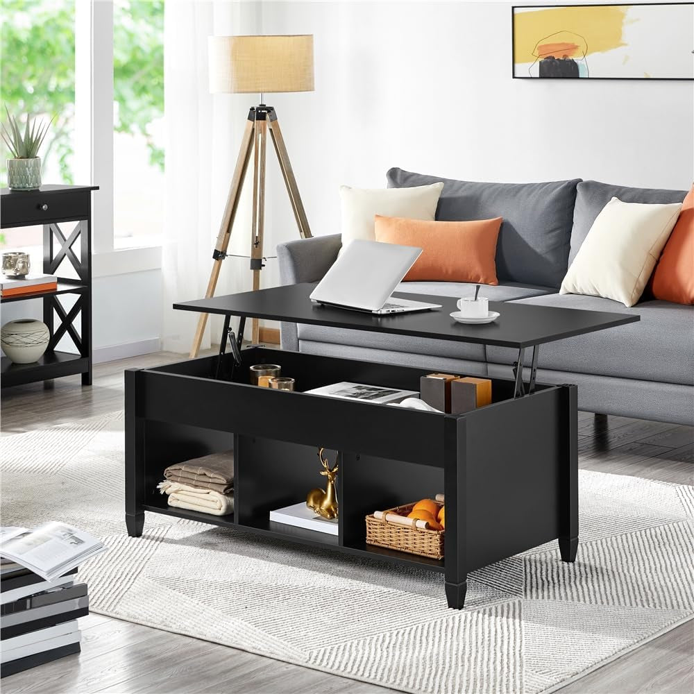 Black Coffee Table, 47.5In Lift Top Coffee Table, Lift up Center Table W/Hidden Compartment &amp; 3 Cube Open Shelves for Living Room