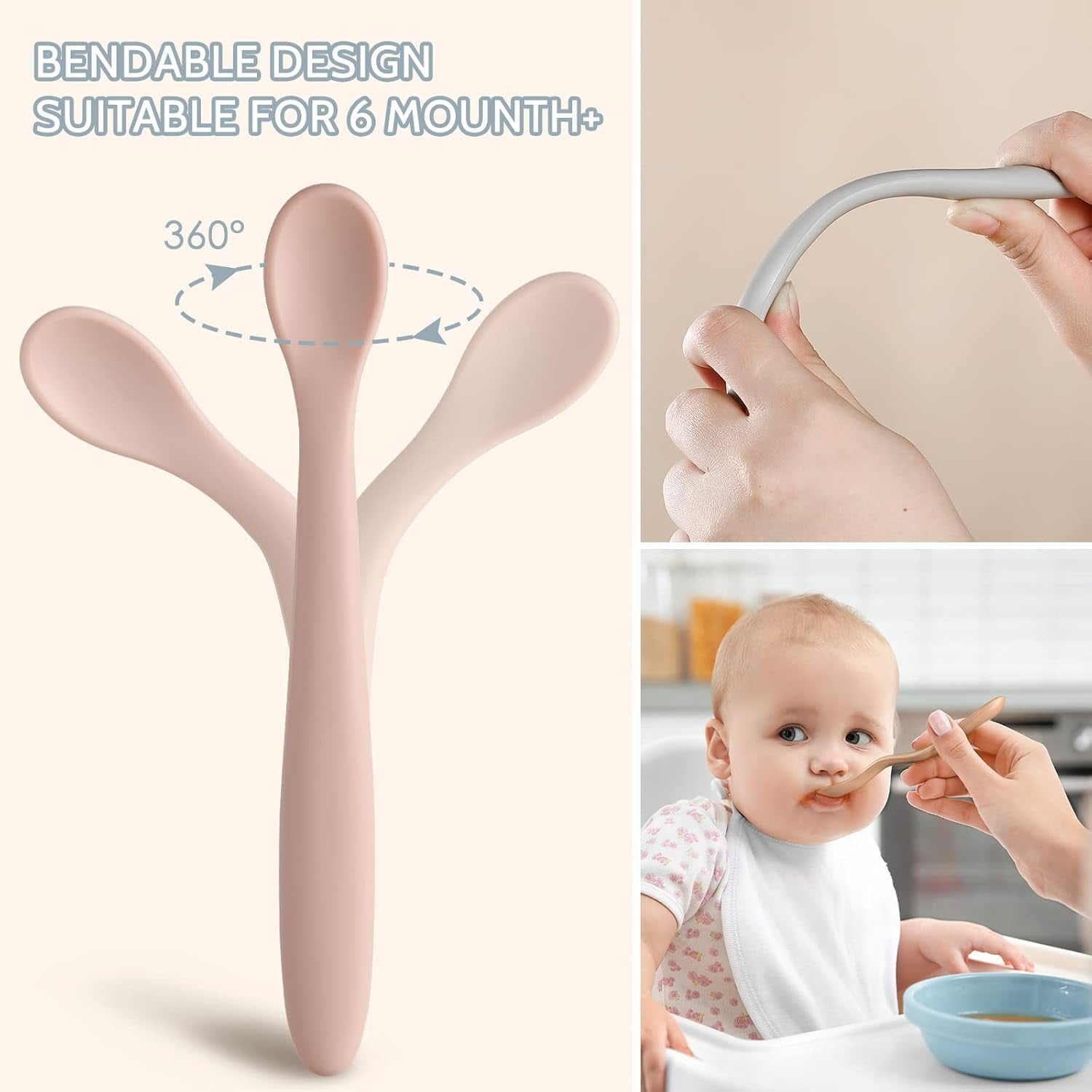 Silicone Baby Feeding Spoons, First Stage Infant Soft-Tip Easy on Gums I Training Spoon Self | Utensils Supplies, Dishwasher &amp; Boil-Proof, 6 Pack