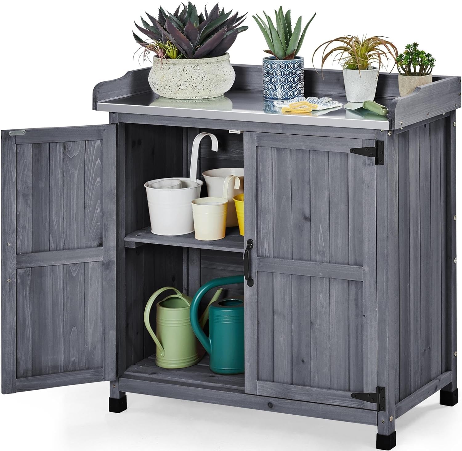 Garden Potting Bench Table, Outdoor Garden Horticultural Wooden Storage Cabinet &amp; Solid Wood Planting Work Bench with Large Space Storage &amp; Metal-Plated Tabletop, Gray