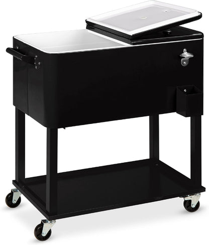 80-Quart Outdoor Steel Rolling Cooler Cart W/Ice Chest, Bottle Opener, Catch Tray, Drain Plug, Locking Wheels