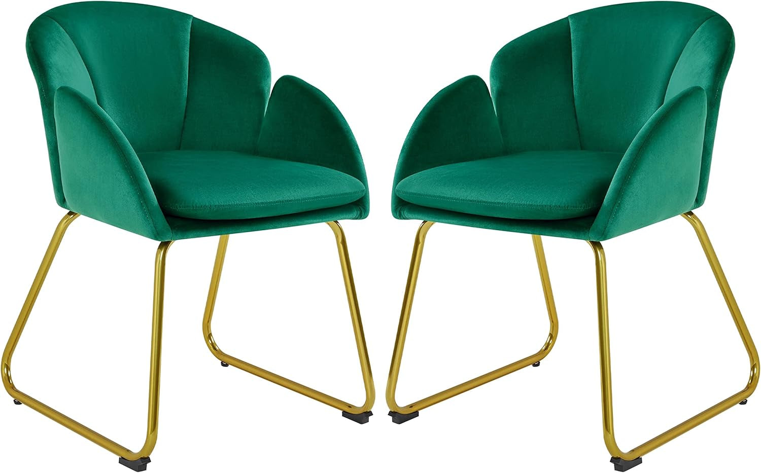 Velvet Dining Chair, Flower Shaped Armchair with Golden Legs, Upholstered Side Chair for Kitchen Dining Room Living Room, Set of 2, Green