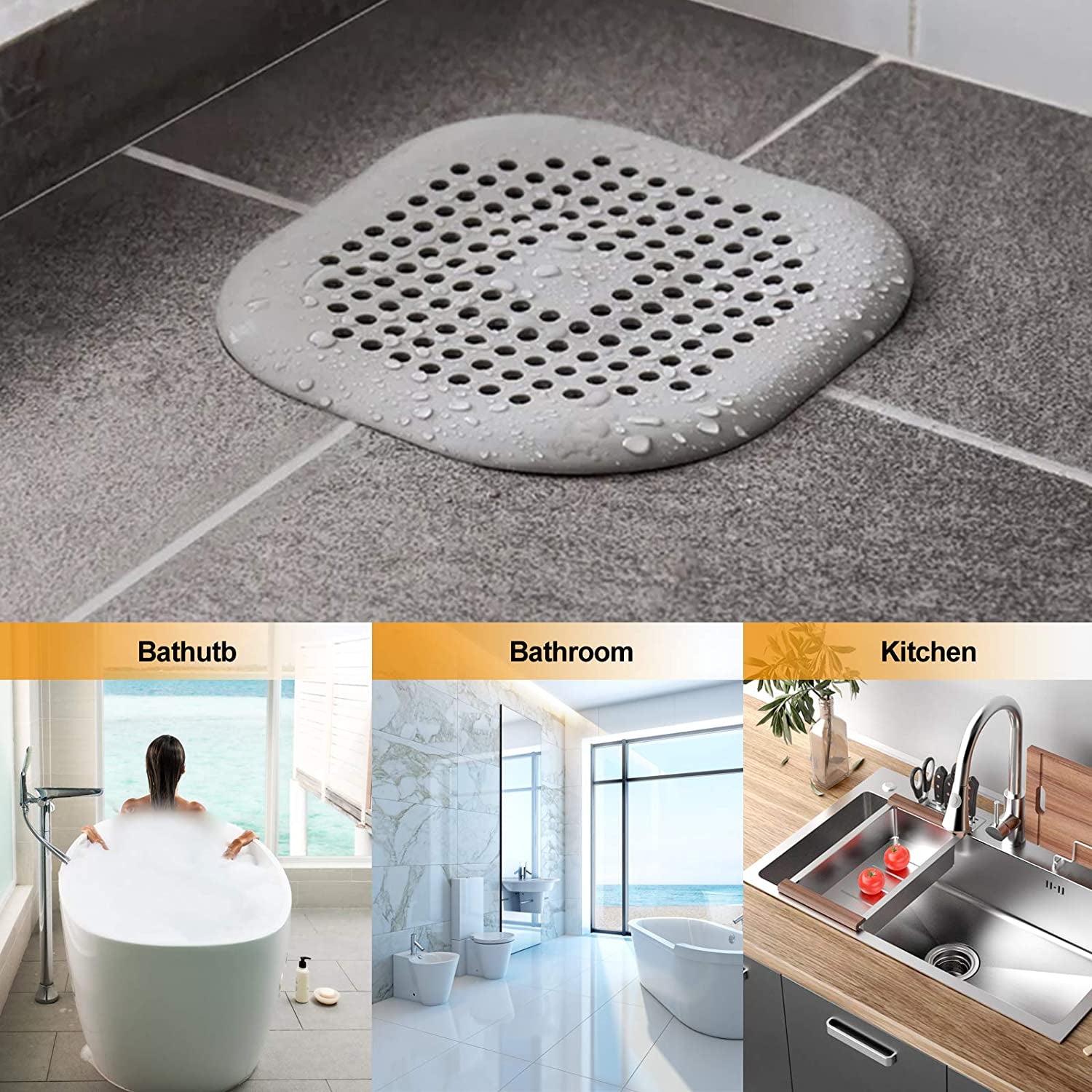 Hair Drain Catcher,Square Drain Cover for Shower Silicone Hair Stopper with Suction Cup,Easy to Install Suit for Bathroom,Bathtub,Kitchen 2 Pack (Sliver Grey)