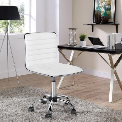 Adjustable Task Chair PU Leather Low Back Ribbed Armless Swivel White Desk Chair Office Chair Wheels