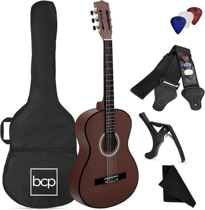 38In Beginner All Wood Acoustic Guitar Starter Kit W/Gig Bag, 6 Celluloid Picks, Nylon Strings, Capo, Cloth, Strap W/Pick Holder - Matte Black