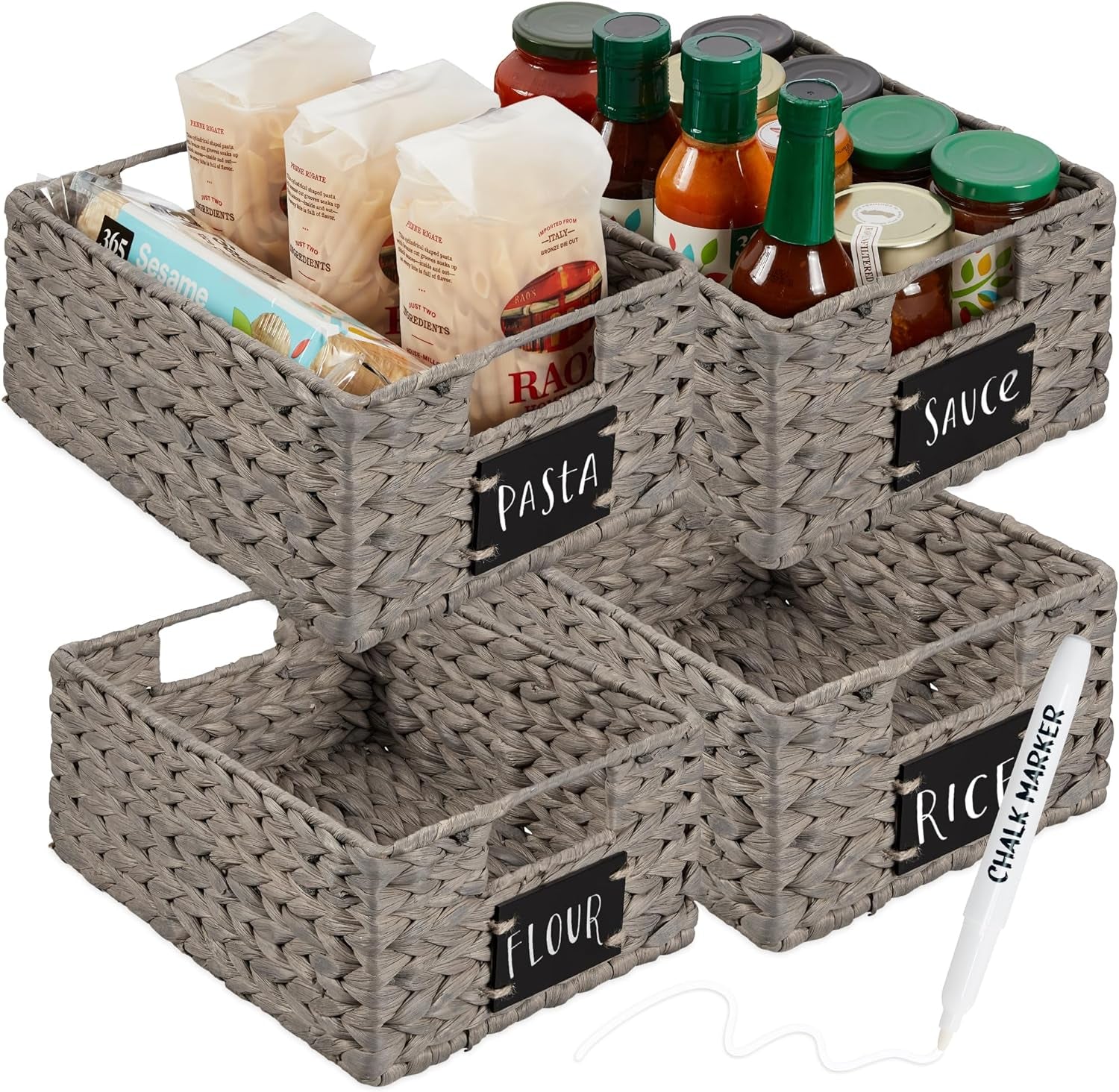 Set of 4 9X12In Water Hyacinth Pantry Baskets, Woven Kitchen Organizers W/Chalkboard Label, Chalk Marker - Natural