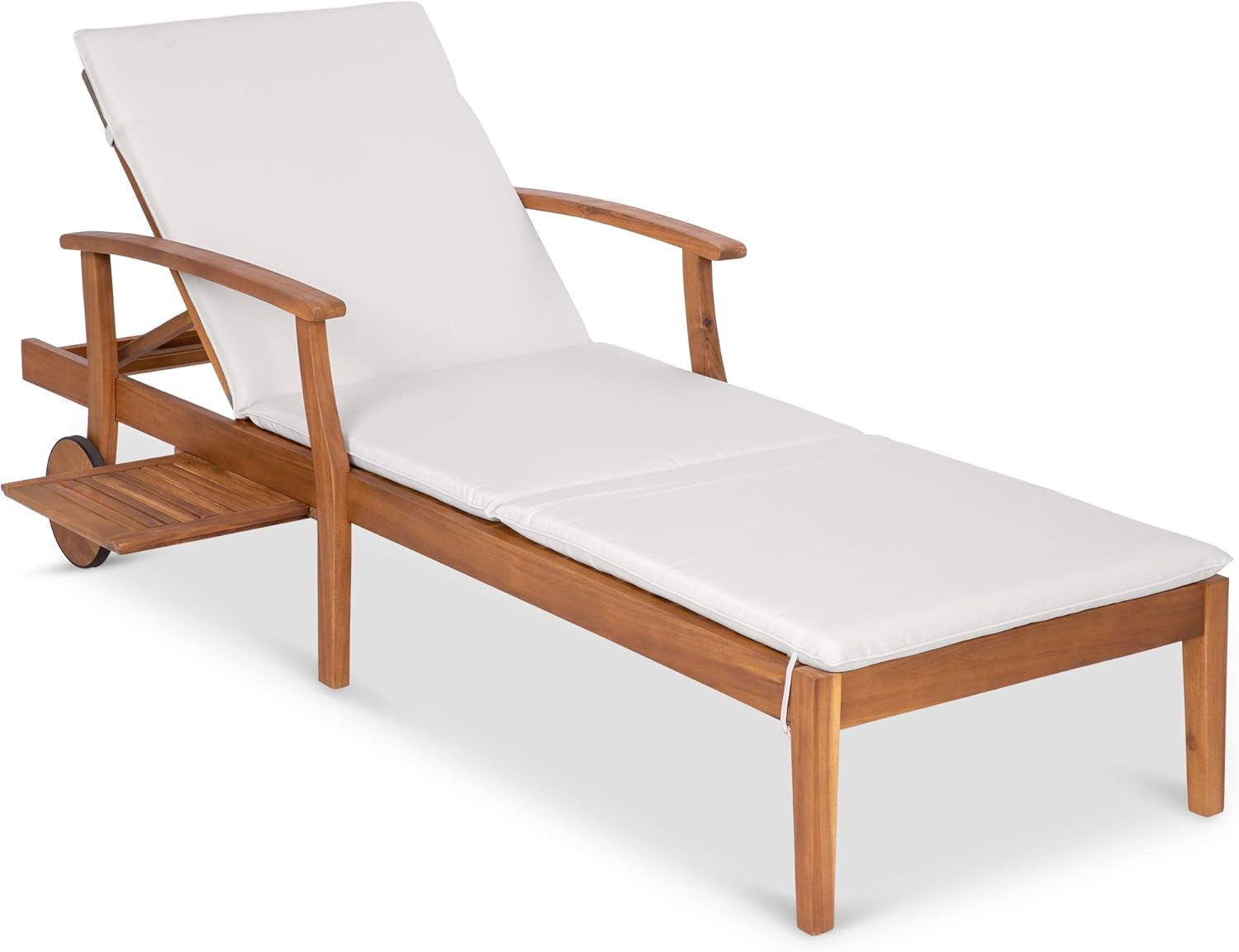 79X26In Acacia Wood Chaise Lounge Chair Recliner, Outdoor Furniture for Patio, Poolside W/Slide-Out Side Table, Foam-Padded Cushion, Adjustable Backrest, Wheels - Cream