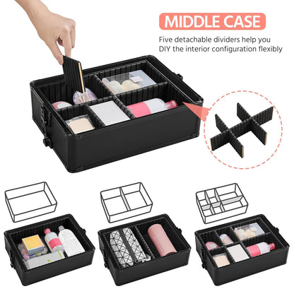 4 in 1 Professional Makeup Train Case Aluminum Cosmetic Case Rolling Makeup Case Extra Large Trolley Makeup Travel Organizer, with 360° Swivel Wheels, Black