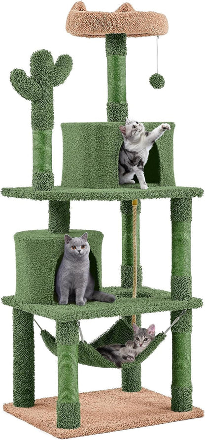 Cactus Cat Tree for Indoor Cats, 62In Cat Tower with Scratching Posts &amp; Hammock &amp; Dangling Ball, Large Cat Condo Multi-Level Activity Center, Cat Furniture