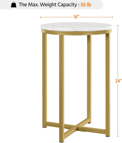 Faux Marble Side Table, 16In End Table Modern Accent Sofa Table W/X-Based, round Tabletop, Sturdy Metal Legs for Living Room, Mustard Gold