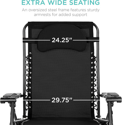 Oversized Zero Gravity Chair, Folding Outdoor Patio Lounge Recliner W/Cup Holder Accessory Tray and Removable Pillow - Black