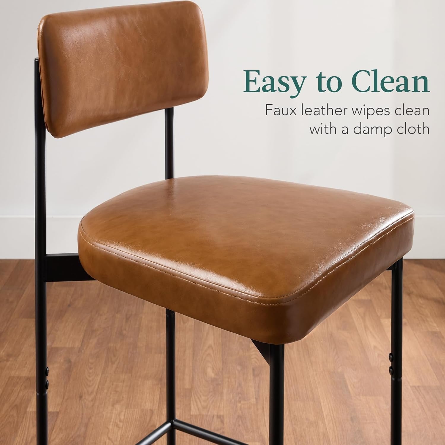 Set of 2 Faux Leather Bar Stools, Armless Counter Height for Kitchen Island, Home, Dining W/Metal Frame - Camel Brown