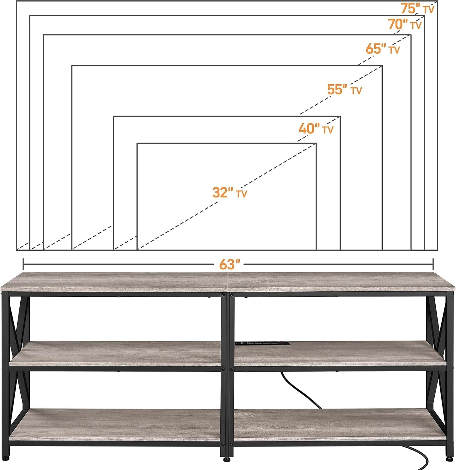 TV Stand with Power Outlet for 70 Inch TV, 3 Tiers TV Storage Cabinet, Entertainment Center with Charging Station for Living Room, Gray