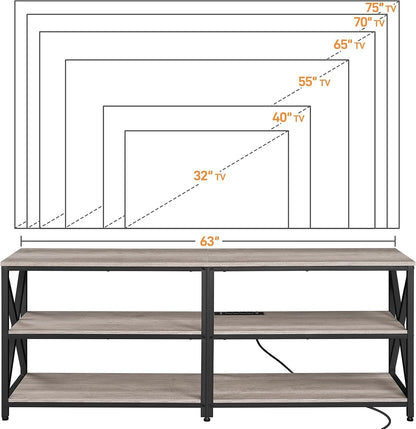 TV Stand with Power Outlet for 70 Inch TV, 3 Tiers TV Storage Cabinet, Entertainment Center with Charging Station for Living Room, Gray