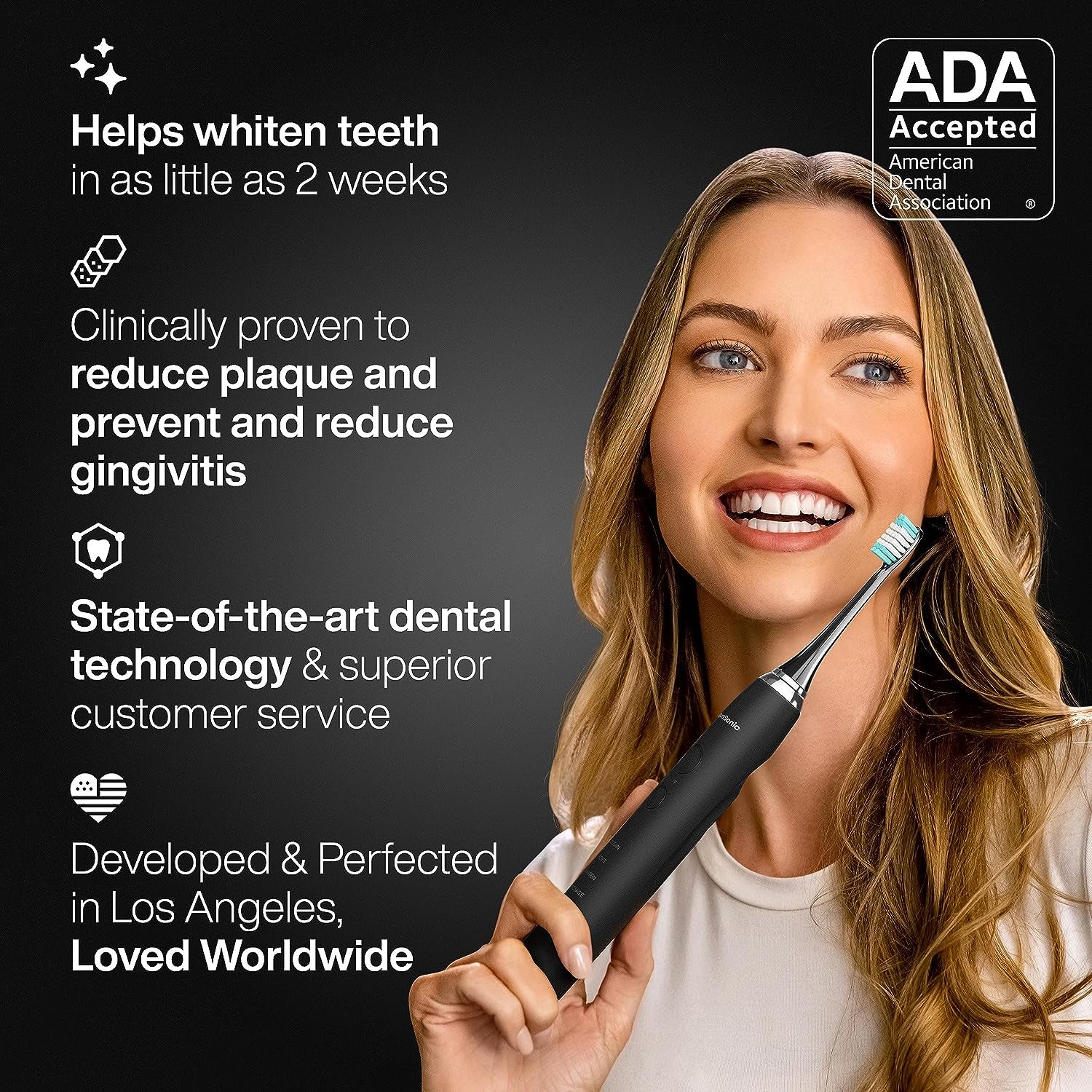 Black Series Ultra Whitening Toothbrush – ADA Accepted Electric Toothbrush- 8 Brush Heads &amp; Travel Case – 40,000 VPM Electric Motor &amp; Wireless Charging - 4 Modes W Smart Timer